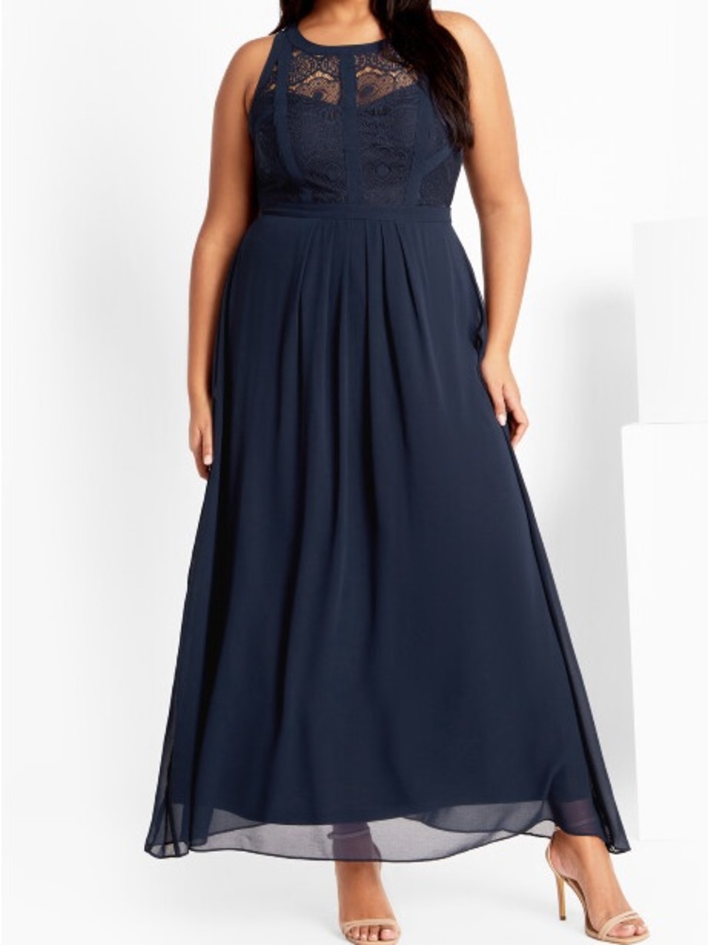 City Chic Lace Bodice Maxi Dress French Navy Chiffon Formal Wedding Guest 18